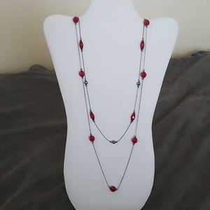Long Two Strand Red Bead Necklace